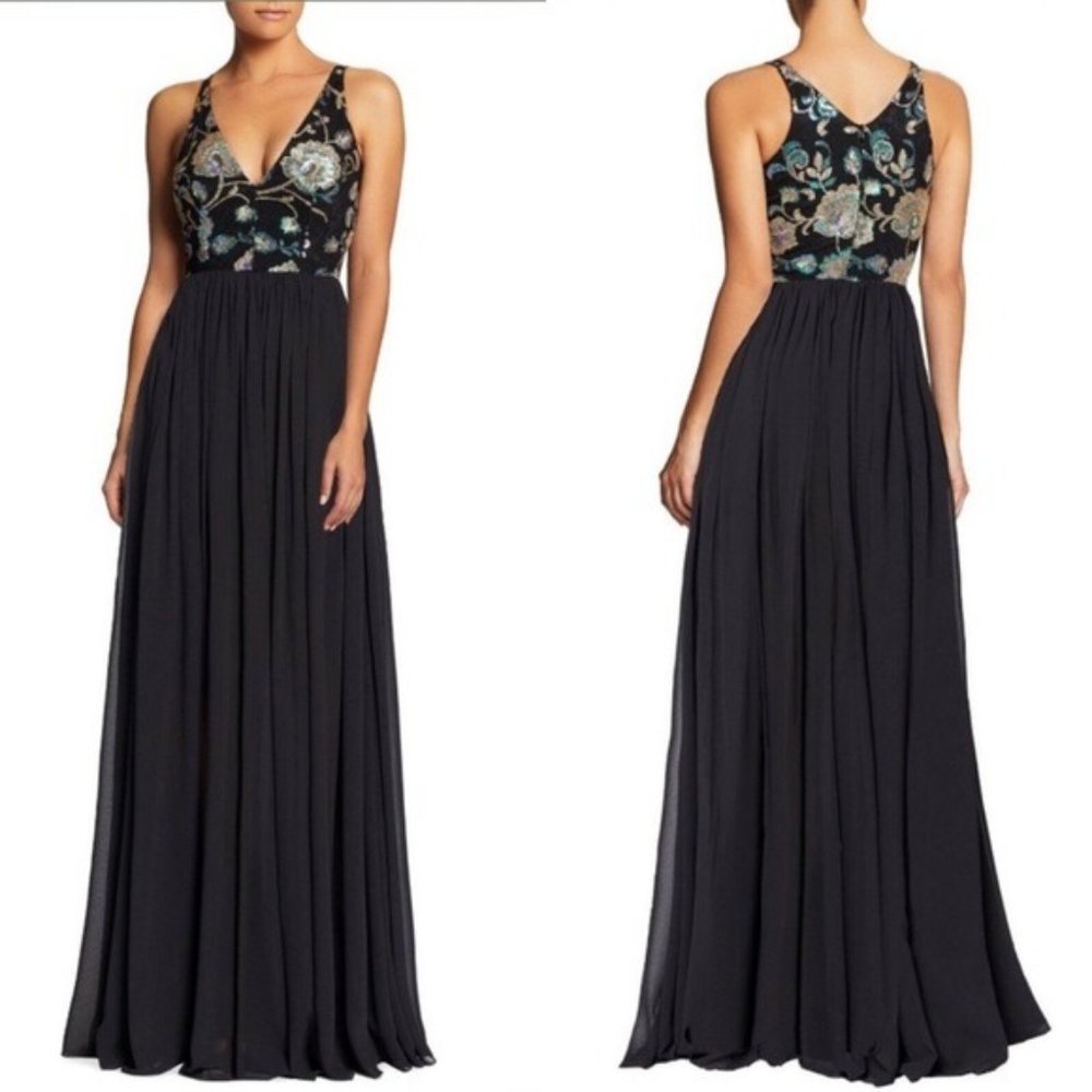 Dress the Population Black Maxi Dress with Floral Embroidered Bodice